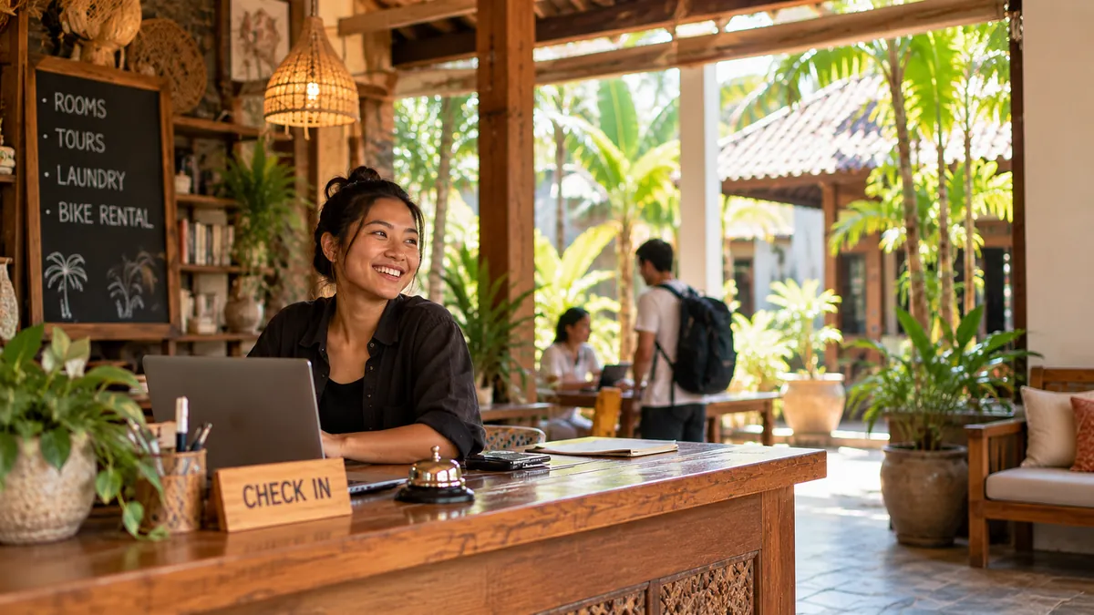 Guesthouse owner smiling at the check-in desk