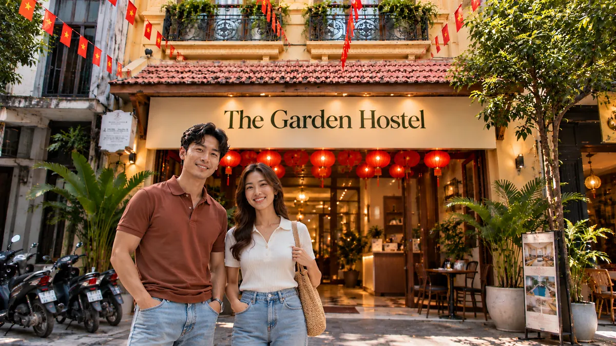 Hostel owners standing in front of their hostel